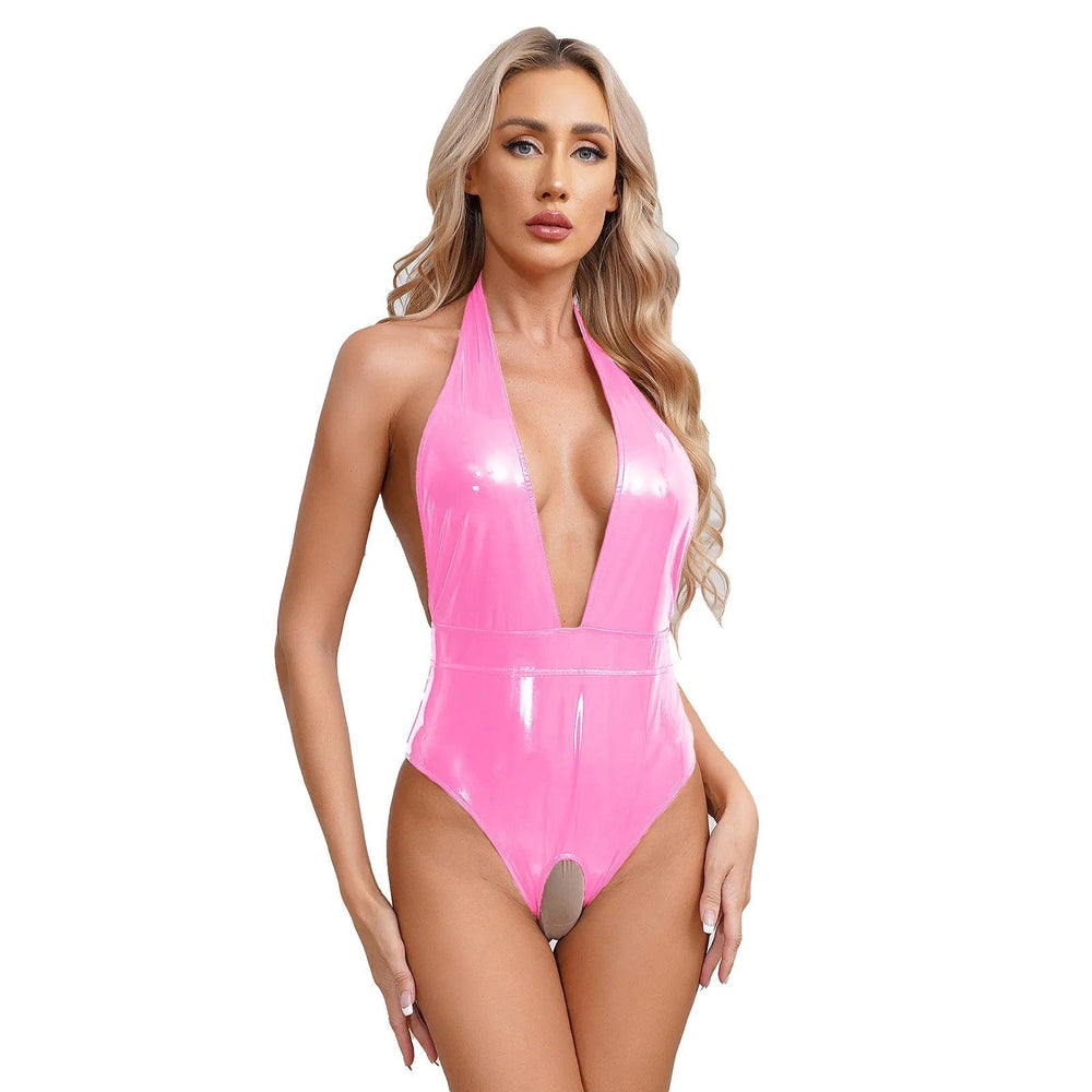 Glossy Patent Leather Bodysuit Crotchless Catsuit Clubwear