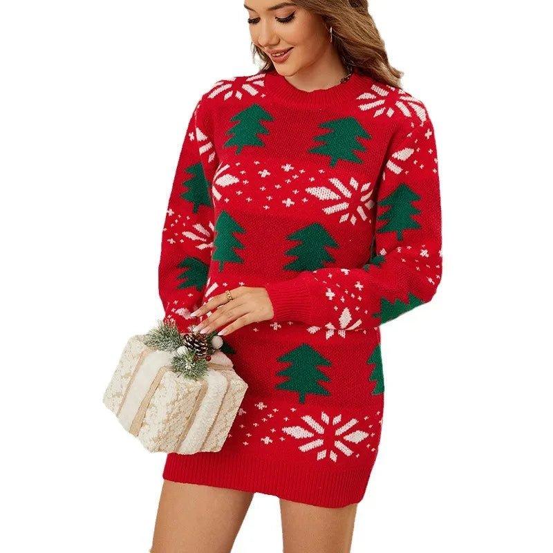 Women's Christmas Tree Jacquard Sweater Dress - Mechano