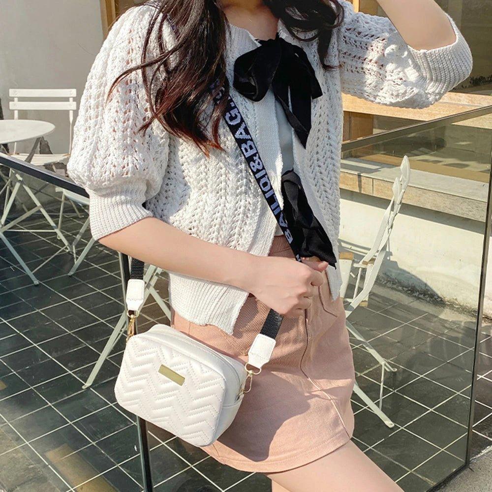 Fashion Women Shoulder Bags With Wave Pattern Solid Color Crossbody Bag Pu Leather Wide Shoulder Strap Bag Purse Female Handbags - Mechano