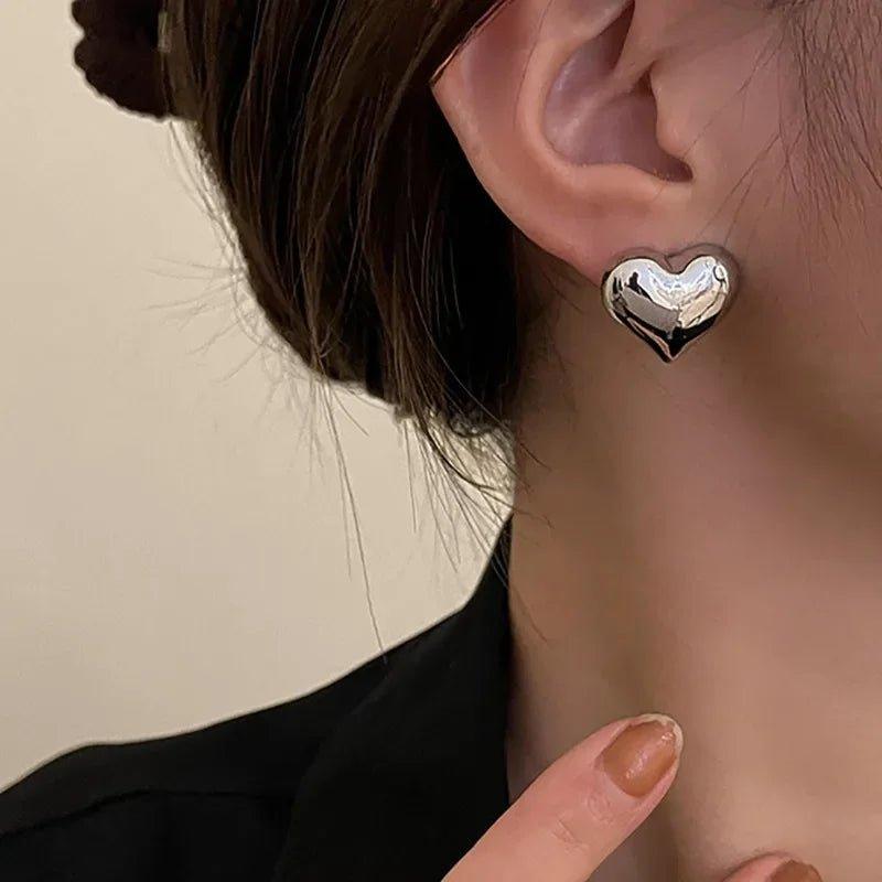 Gold Color Smooth Surface Love Heart Shaped Stud Earrings for Women - Mechano