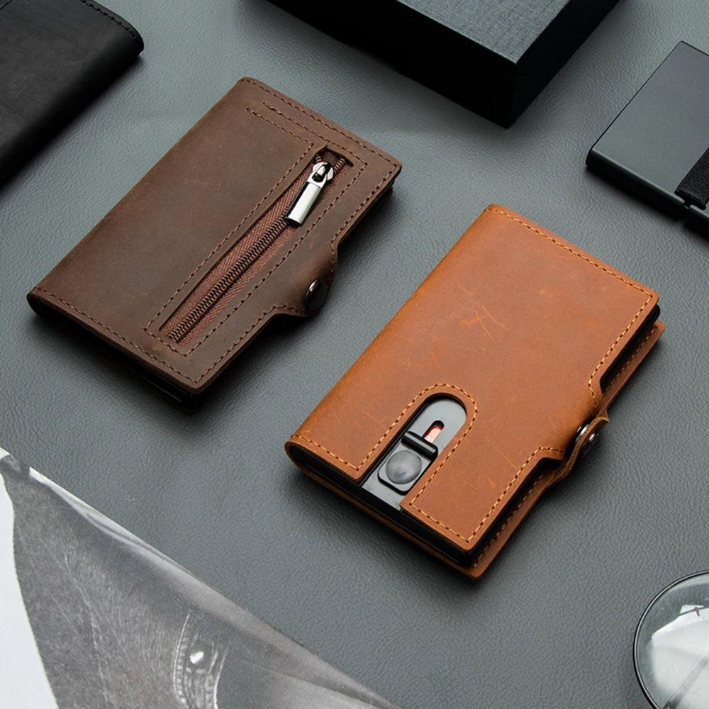 CASEKEY Men Wallets 100% Genuine Cow Leather Popup Short Card Holder Purse High Quality Brand Male Wallet Tarjeteros Para Hombre