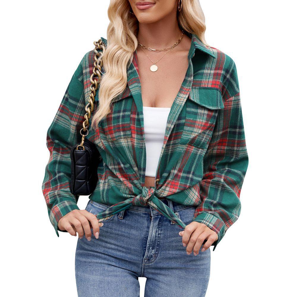 Casual Fashion Loose Plaid Pocket Shirt For Women - Mechano