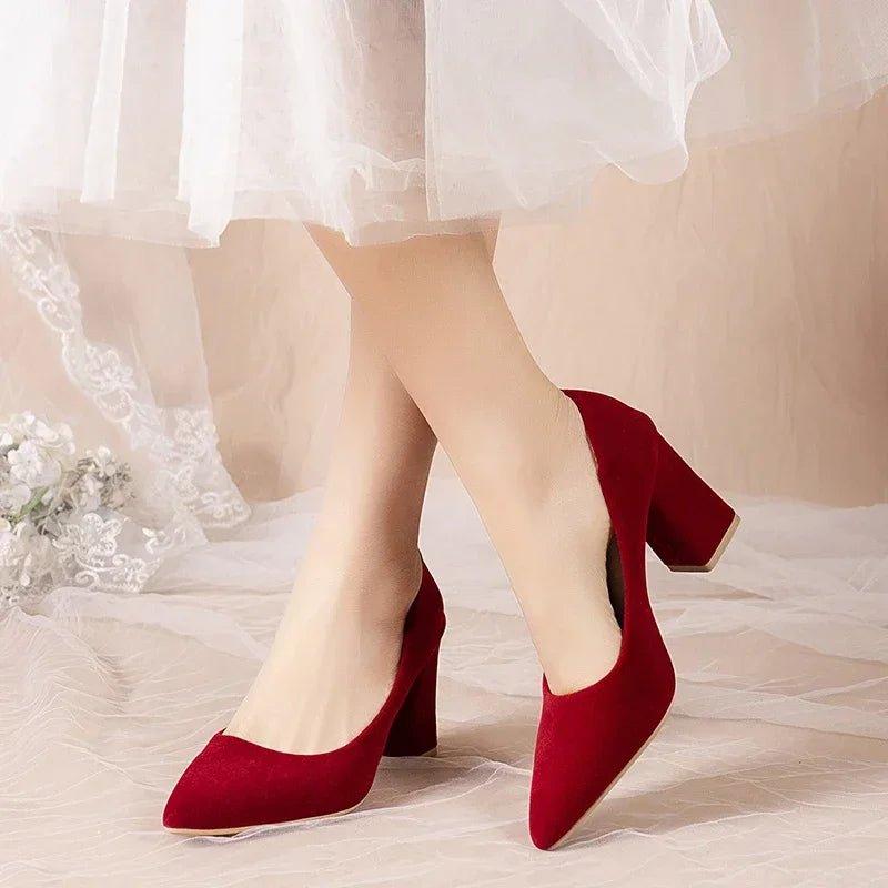 French Red Wedding Shoes for Women Spring/Summer/Autumn New Pointed Thick Heels Not Tiring Feet Bride Shoes - Mechano