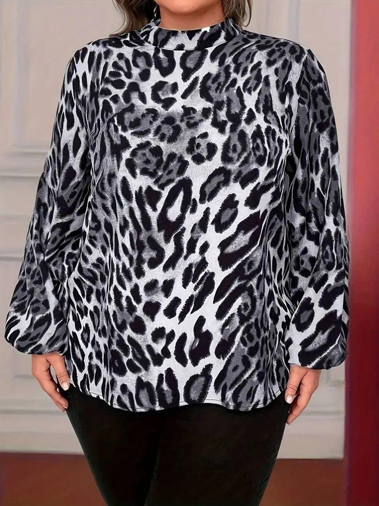 GIBSIE Plus Size Leopard Print Long Sleeve Shirt Women Autumn New Stand - up Collar Office Ladies Casual Fashion Tops and Blouses - Mechano