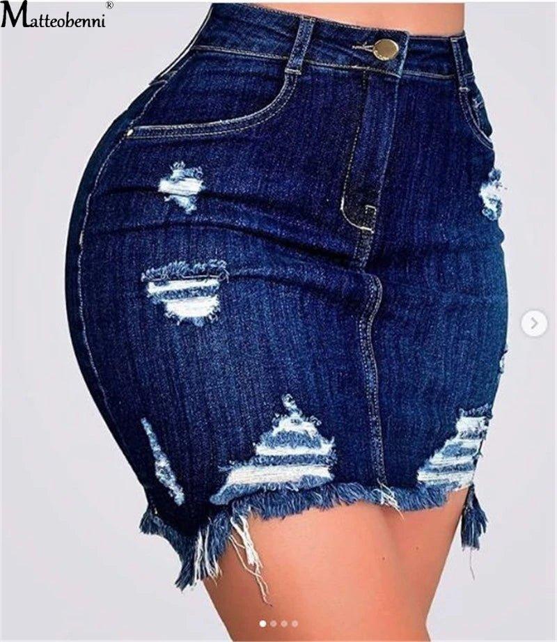 Autumn Women Fashion Denim Skirt Ripped Hip Distressed High Waist Button Pencil Skirts Female Casual Summer Jeans - Mechano