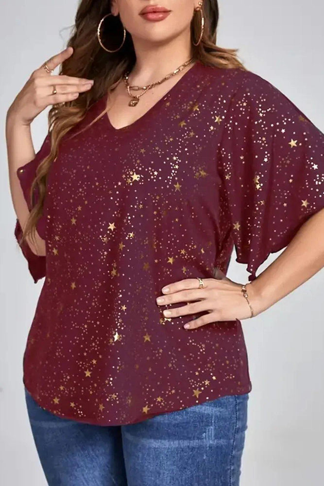 Plus Size Christmas Burgundy Sparkly Bronzing Print V Neck Blouse Half Sleeve Loose Tops - Mechano