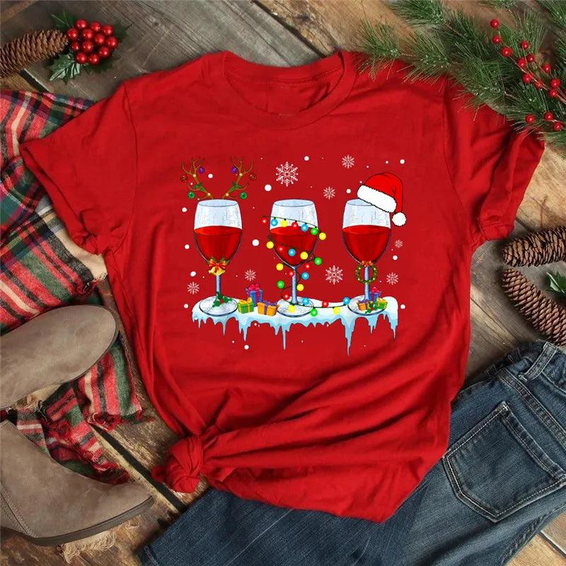 Dreaming of a Wine Christmas Red T-shirts Short Sleeve New Year T Shirt Women Tops Kawaii Clothes for Women