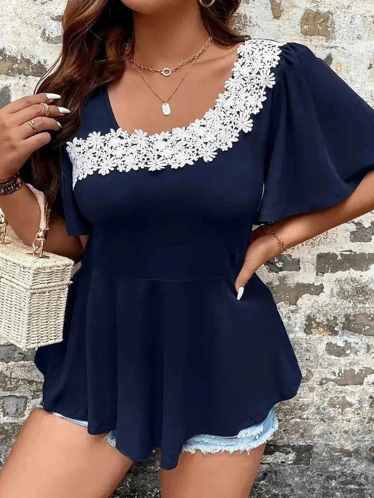 GIBSIE Plus Size Butterfly Sleeve Lace Appliques Peplum Blouse Women's Fashion Summer Sweet Casual Ladies Tops and Blouses - Mechano