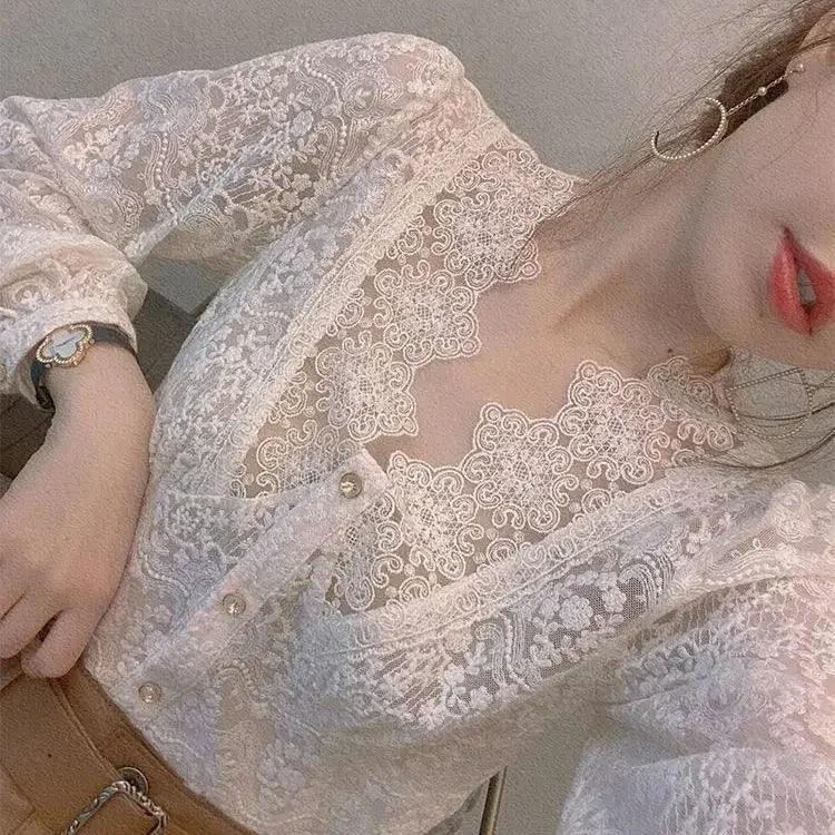 Blouse Women Lace Long Sleeve Women's Puff Sleeve Mesh Hollow Top Blusas Ropa De Mujer - Mechano