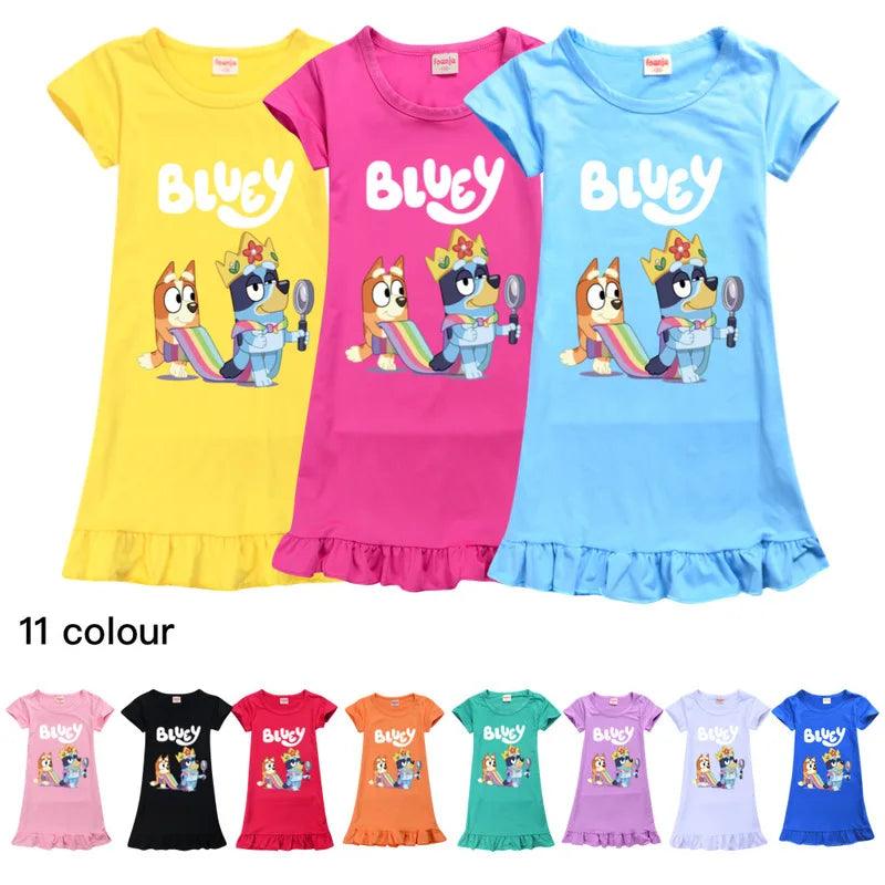 Bluey Family 100cm To 160cm Girls Dress Ice Silk Nightgown Home Wear Dress Princess Dress Party Beach Dress Girl Birthday Gift