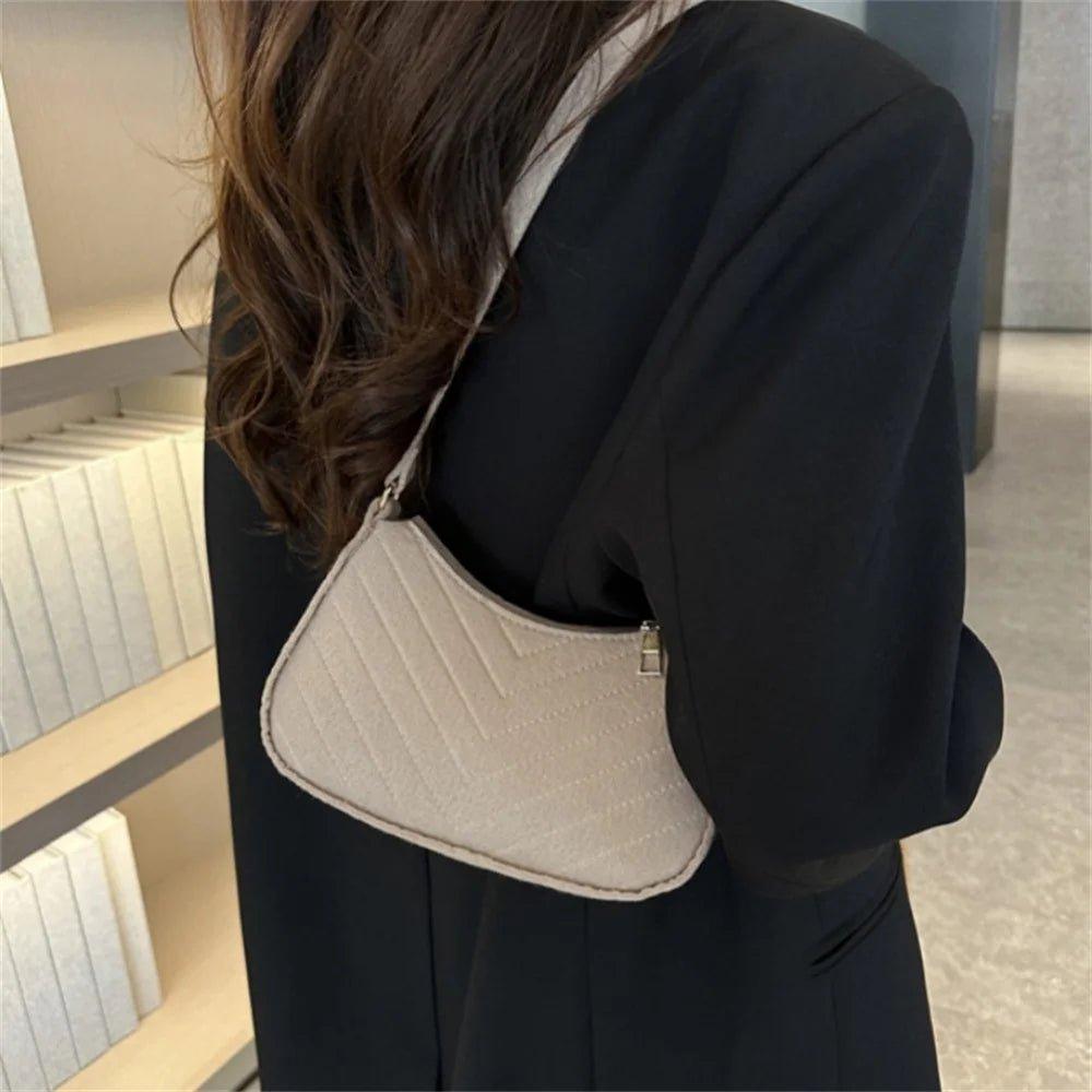 Felt Mini Shoulder Bags for Women's Underarm Bags Texture Solid Color Casual Handbags Female Light Weigh Bag Pouch - Mechano