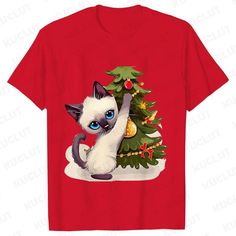 Funny Christmas Cat Women T-Shirt Xmas Cute Cat Lover Graphic Y2k Tops Short Sleeve Tees Casual Harajuku Tshirt Female Clothing