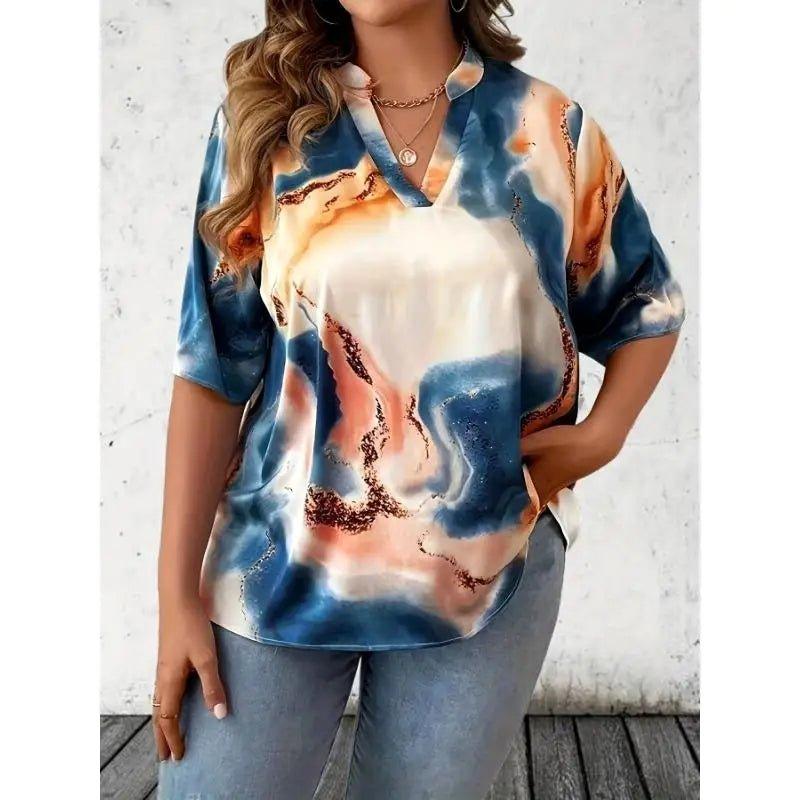 Latest Popular Plus Size Women's Tie Dye V - neck Short Sleeved Shirt - Mechano