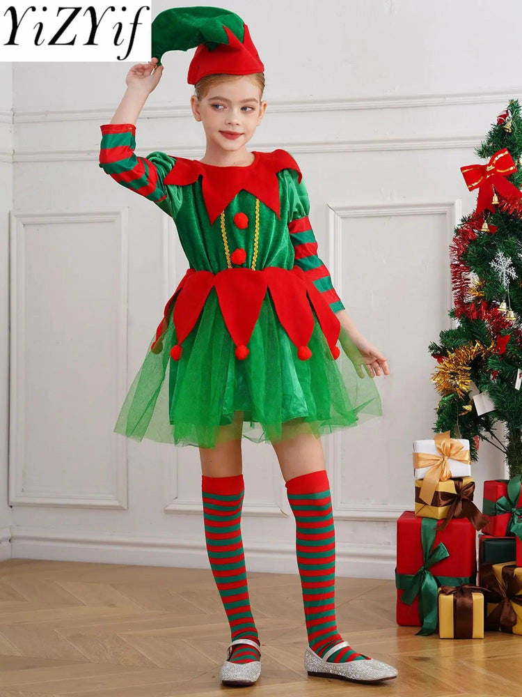 Christmas Dress Set for Girls Xmas Elf Costume 1-12Y Children Costume New Year Performance Dress with Hat Striped Socks Outfit