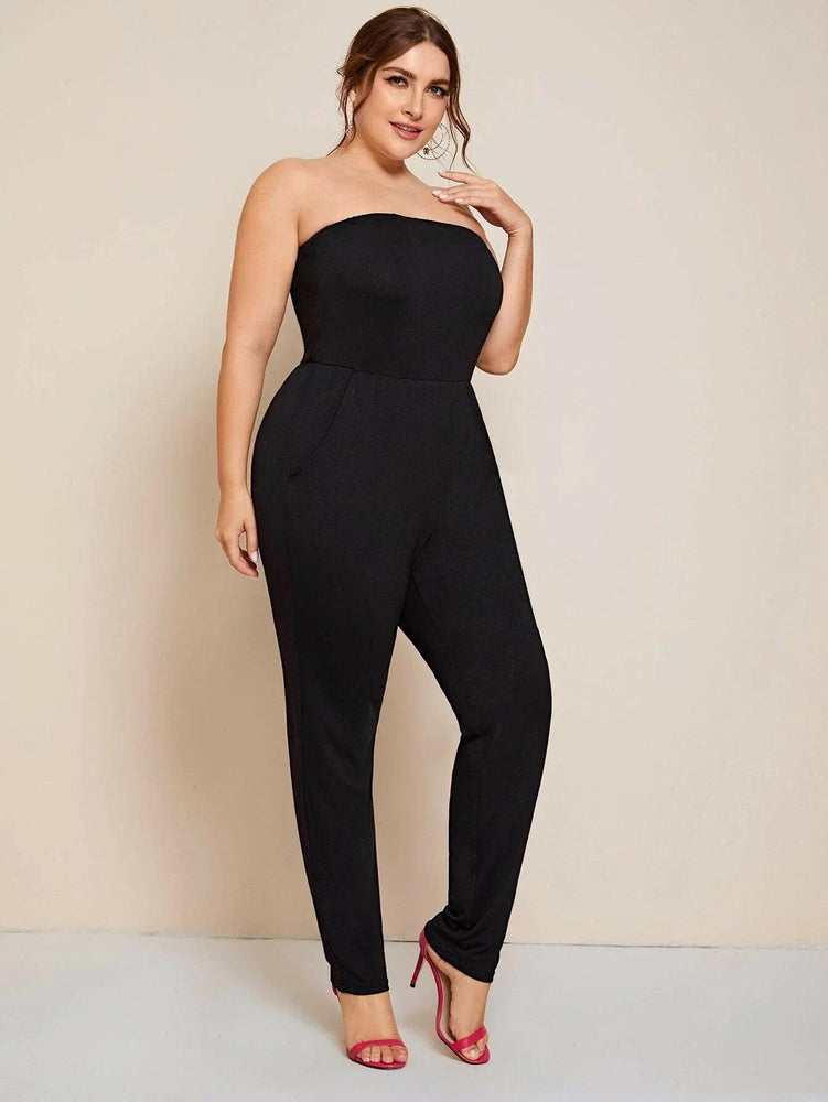 Plus Size Elegant Tube Jumpsuits Women Sleeveless Off Shoulder Solid Black Pocket Elastic Waist Summer Casual Jumpsuits 6xl 7xl - Mechano