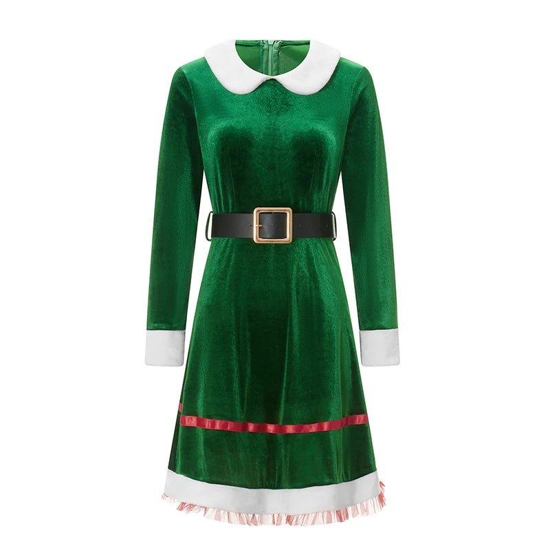 Christmas Elf Costume for Womens Santa Outfit Flannel Maxi Dress Santa Hat Belt Striped Stockings Shoes Set Cosplay Suit - Mechano