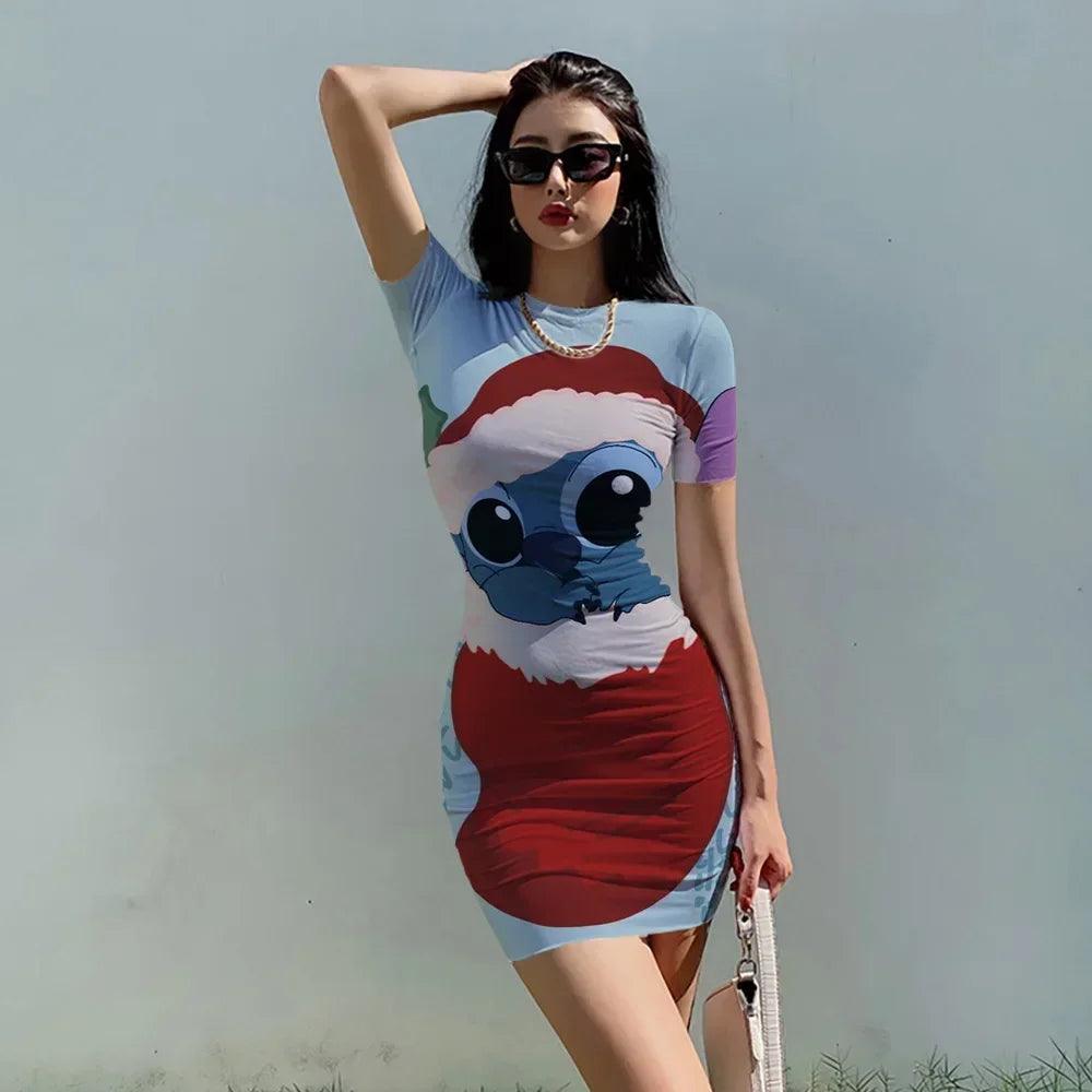 Disney Stitch Woman Dresses Elegant Dress Christmas Party Tight Dress Summer Casual Cartoon 3D print Mini Dress Vestidos