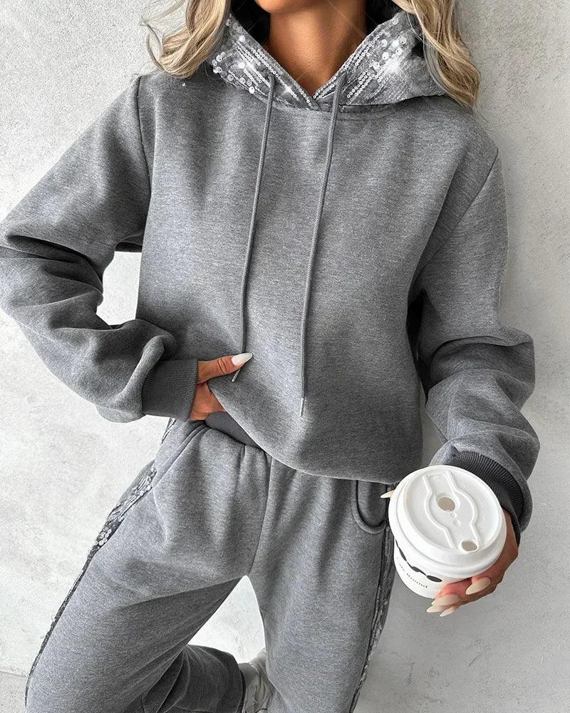 Contrast Sequin Hooded Sweatshirt & Pocket Design Sweatpants Set Women Autumn Winter 2pcs Clothes Suit