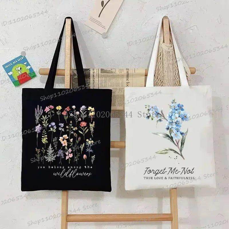 Myosotis Alpestris Canvas Tote Bag for Women “Forget Me Not” Handbag Aesthetics Flower Shopper Bags Female Bohemia Shoulder Bag - Mechano