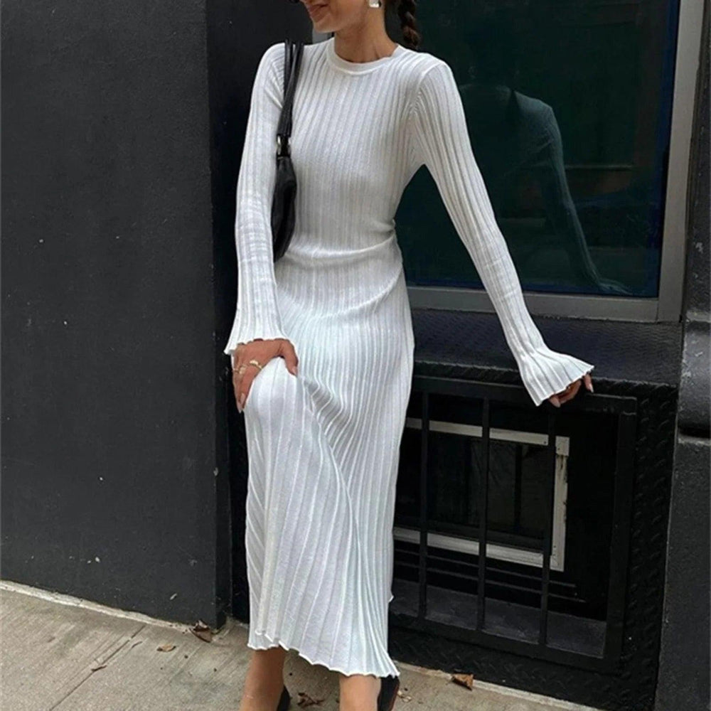 90s Vintage Tie Waist Dress Women Knit Dress Fashion Long Sleeve Crew Neck Ribbed Solid Fall Long Dress Streetwear Vestidos-Mechano