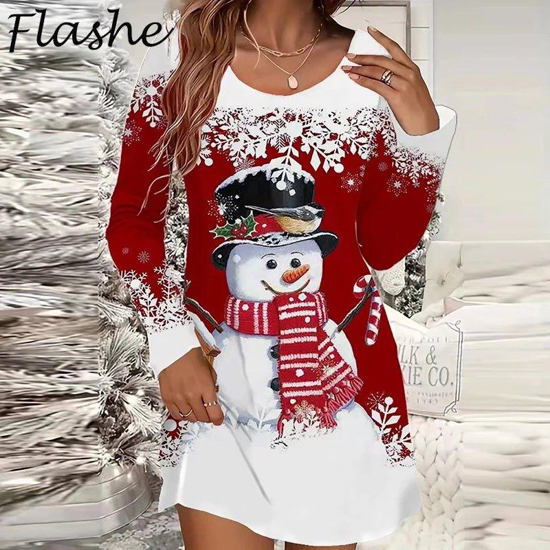 Christmas Dress Women Casual O Neck Long Sleeve Printed Party Dress Red Loose Snowman Short Dress - Mechano