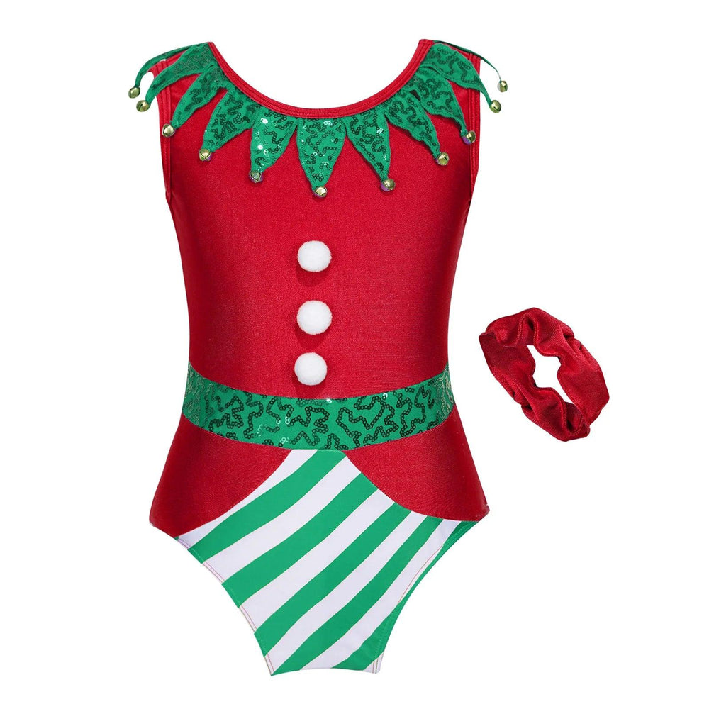 Girl's New Year Costume Christmas Dress Up Costumes Santa Xmas Holiday Jumpsuit Bell Pom Pom Sequins Leotard Performance Outfits