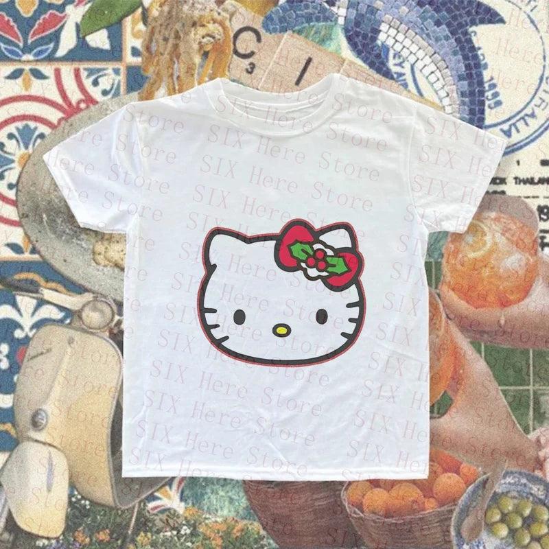 Gothic Christmas Hello Kitty Crop Top for Women Vintage Y2K 2000s