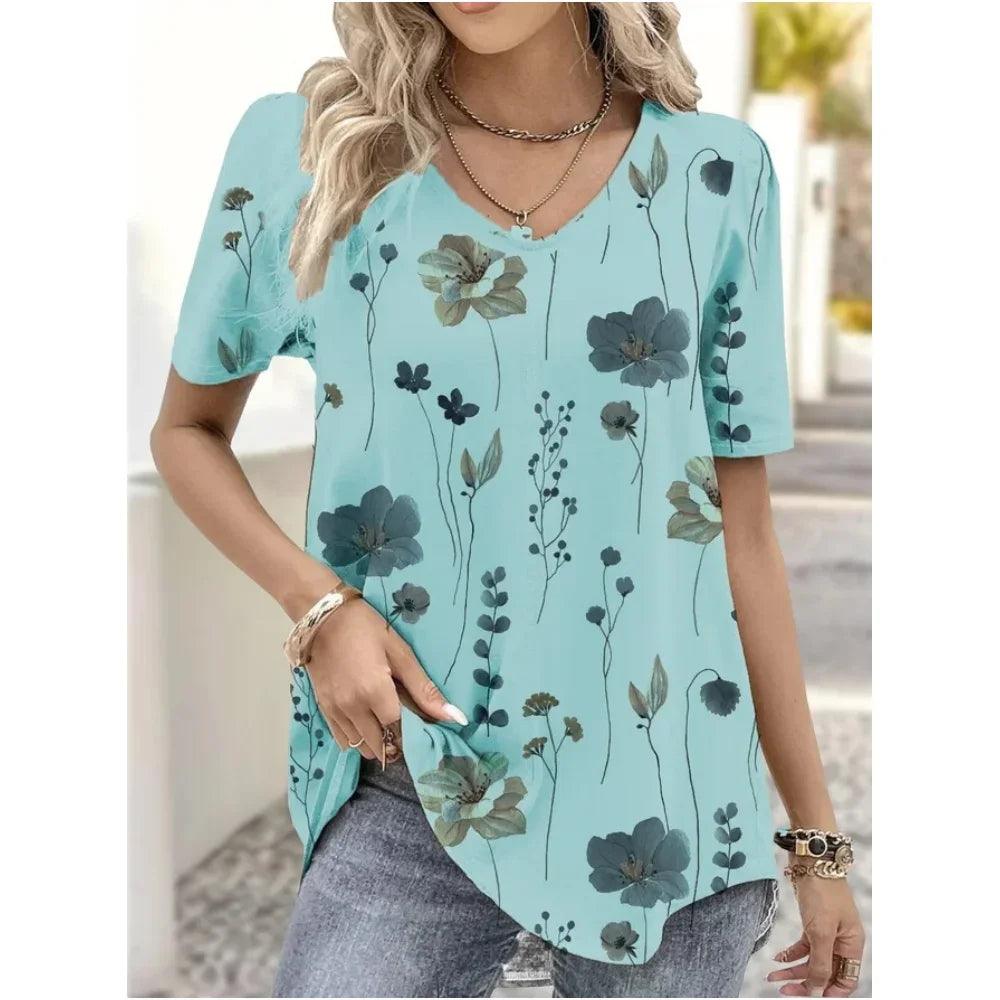 Fashion Woman Blouses T-shirt Women's 3d Flower Print White Kawaii V-neck T Shirt Female Clothing Oversized Summer Tops Tee