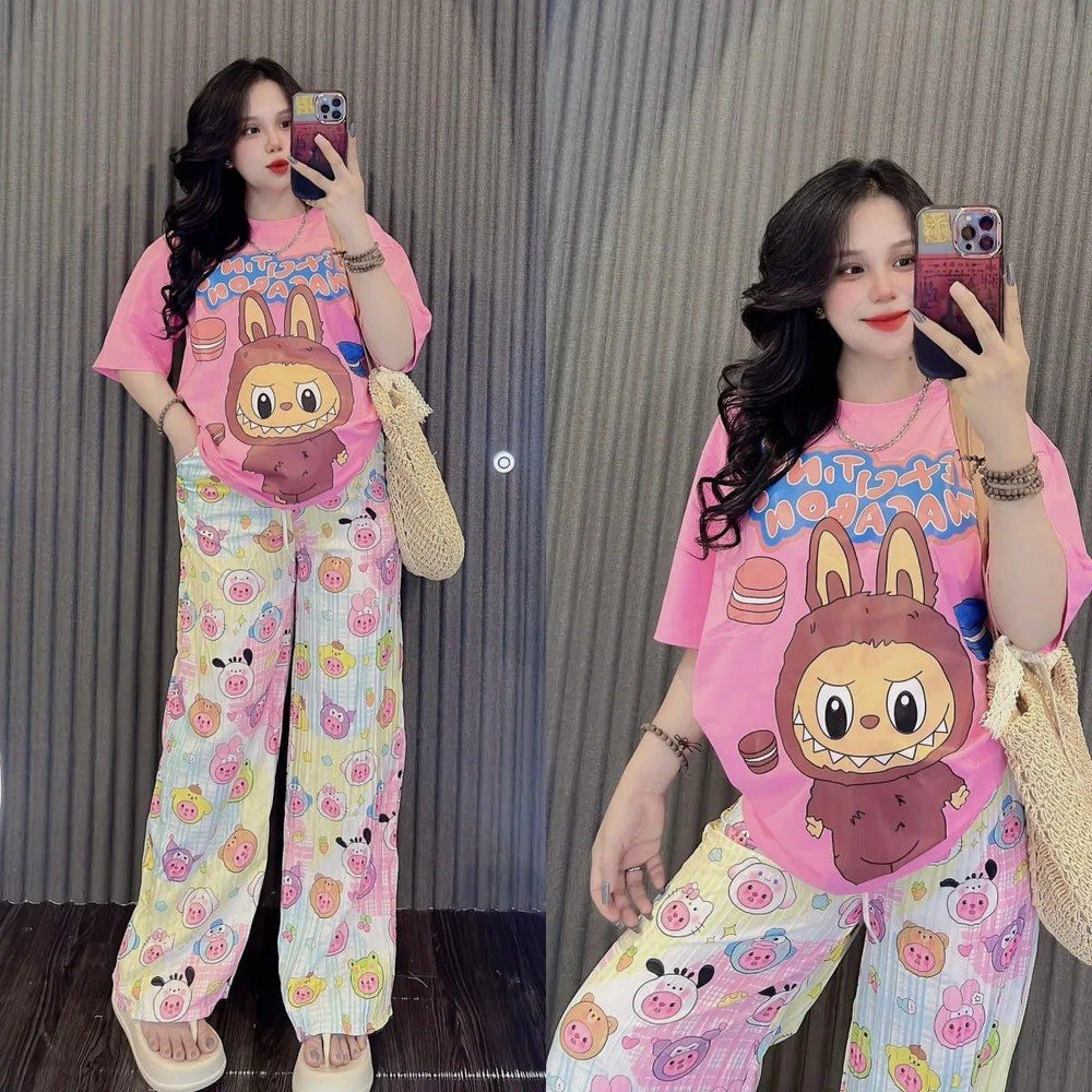 Hot Labubu Cute Fashion Set Women Summer Cartoon Pajama Set - Mechano