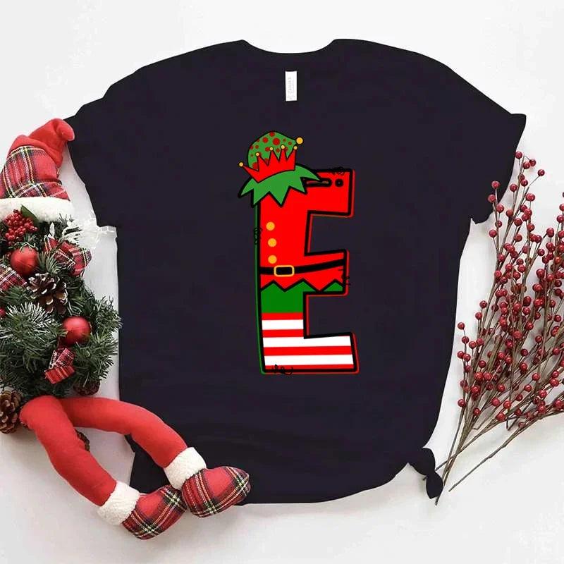 Funny Christmas T-Shirt for Women ELF Christmas Alphabet Print Short Sleeve Top Christmas TShirts Xmas Tee Shirt Women Clothes