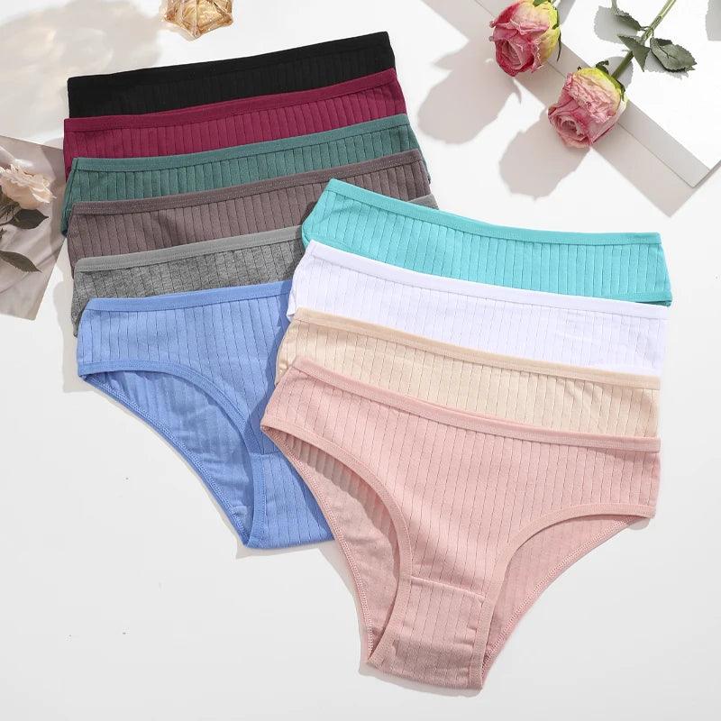 FINETOO 3PCS/SET Cotton Ribbed Striped Underwear for Women Plus Size 10 Soild Colours Stretch Briefs Ladies Soft Lingerie S-7XL