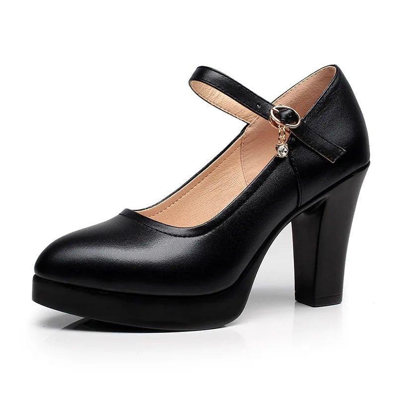 High Heels Platform Pumps for Women Buckle Solid Black PU Leather Shoes - Mechano