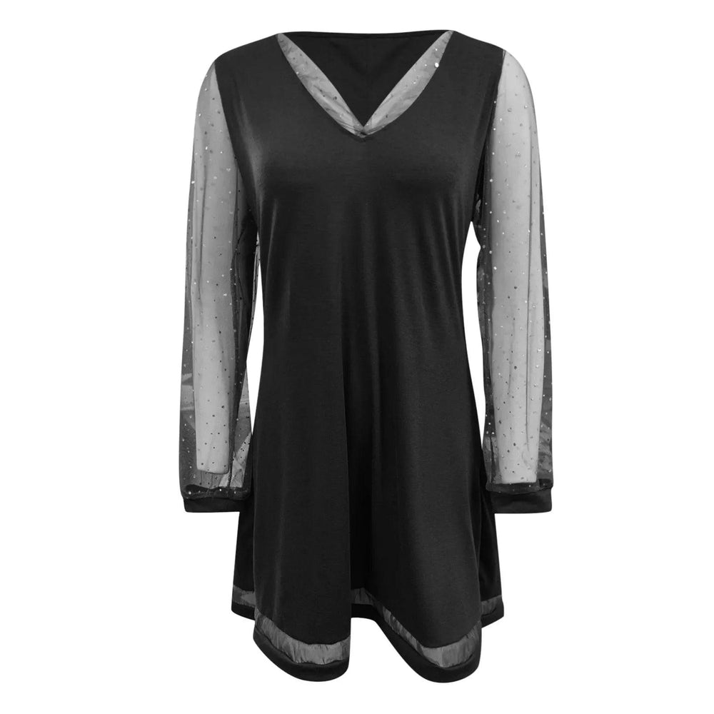 Fashion Dress Women Black V Neck Gauze Sequins Long Sleeved Female Dresses Party Club Dress Casual Short Dress