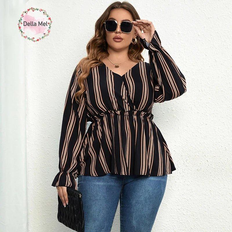 Della Mel Women Plus Size Vintage Long Sleeve Tops Striped Print Wrap V - Neck Loose Ruffles Elastic Waist Peplum Blouses 3XL 4XL - Mechano