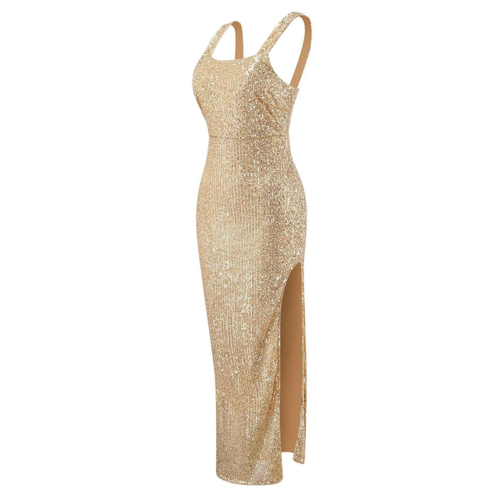 Gold Sequins Bodycon Dress Halter U-Neck Zipper Party Club Prom Dress