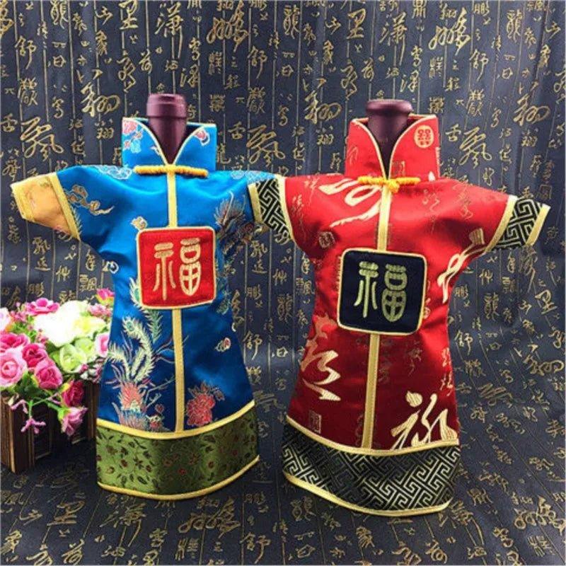 Chinese Style Brocade Wine Bottle Dustproof Cover Qipao Fu Character Men Women Qipao Style Wine Bottle Cover Home DecoraionZF154 - Mechano