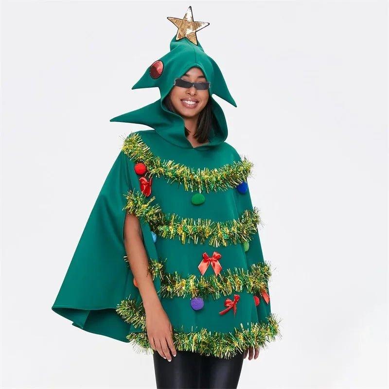 Christmas Tree Poncho Costume Adults Bow Ball Decor Hooded Cloak Cape Party Prop for Cosplay Party - Mechano