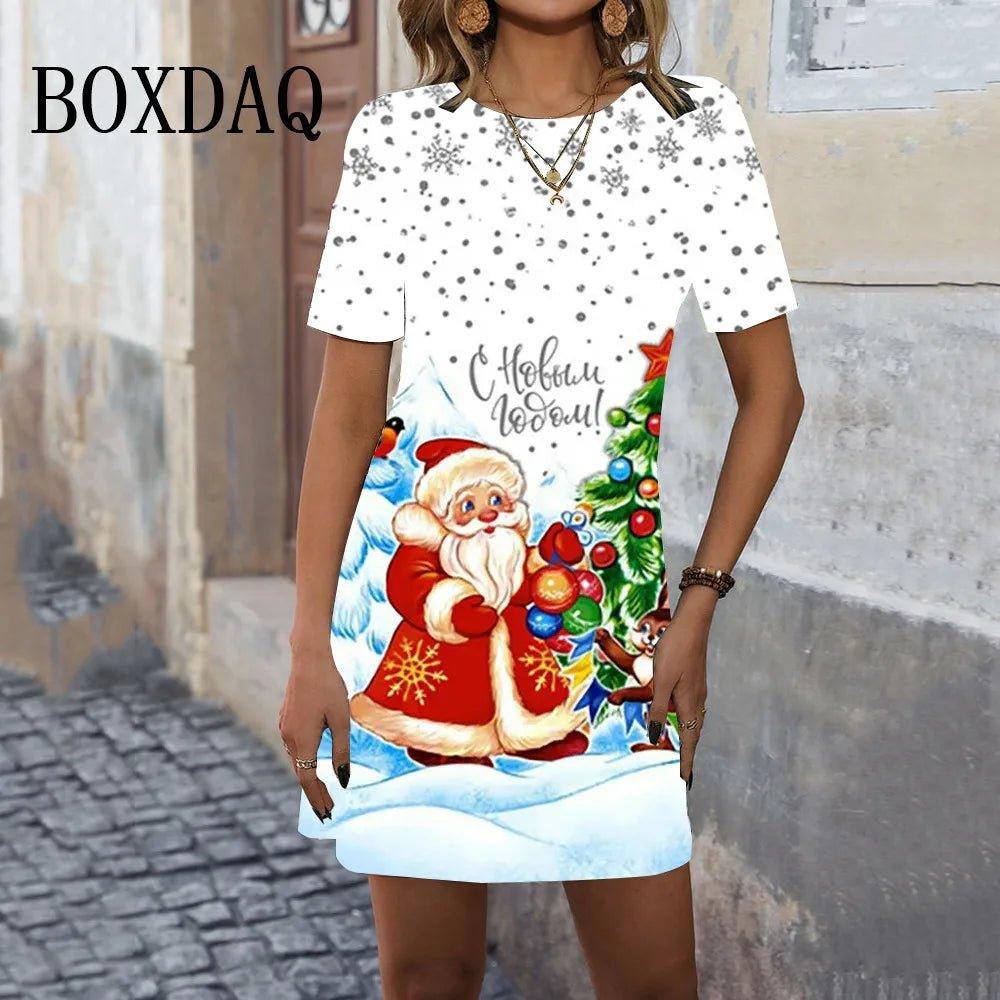 Fashion Christmas 3D Print Women Dress Santa Claus Short Sleeve A - Line Dresses Christmas Tree Dress For Female Loose Party Dress - Mechano