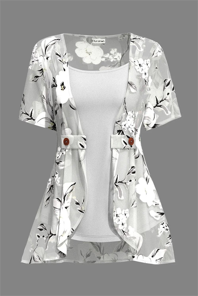 Flycurvy Plus Size Casual Grey Chiffon Floral Print Fake Two Pieces Blouse - Mechano