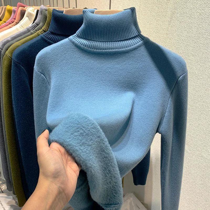 Elegant Slim Turtleneck Women’s Knitted Pullover Thicken Velvet Lined Winter Warm Jersey Jumper