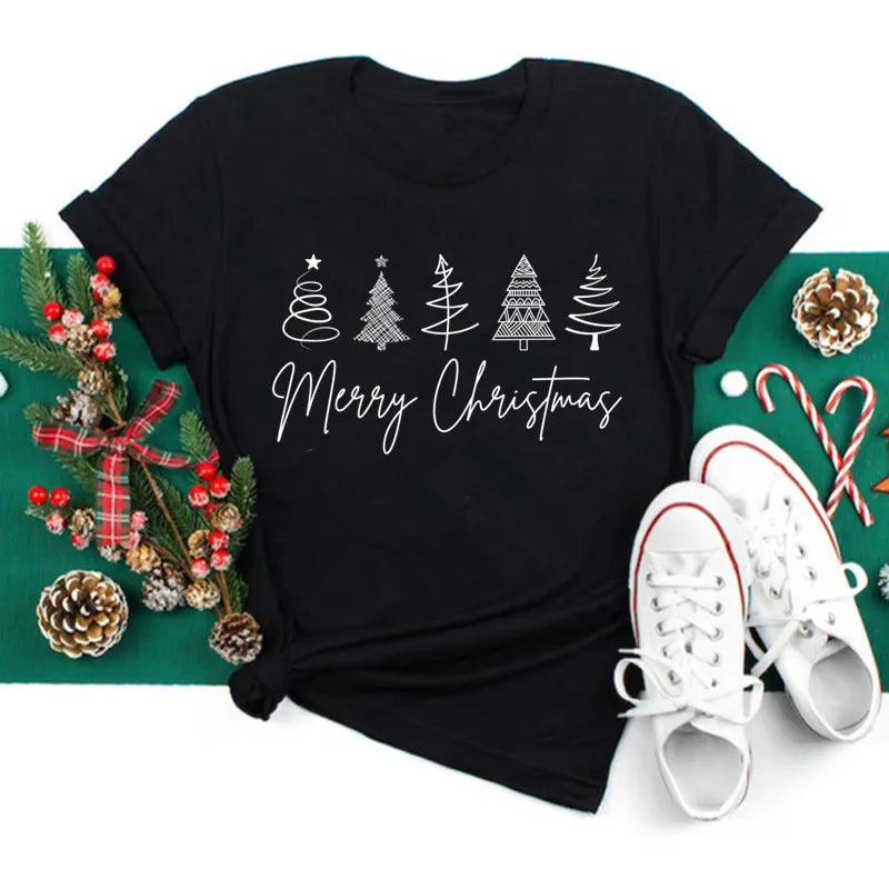 Funny Love Christmas Clothes Santa Print Female T-shirts Black Casual Women Tops Xmas Party Tops