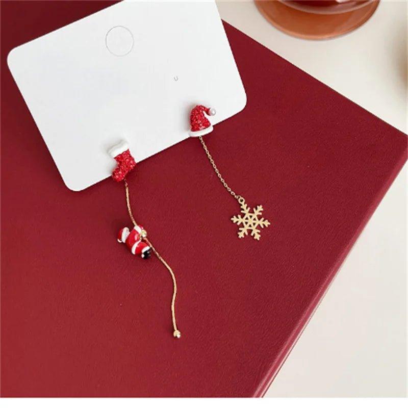 New Design Asymmetric Snowflake Christmas Boot Hat Drop Earrings for Women Moving Santa Claus Long Tassel Earring Party Jewelry - Mechano