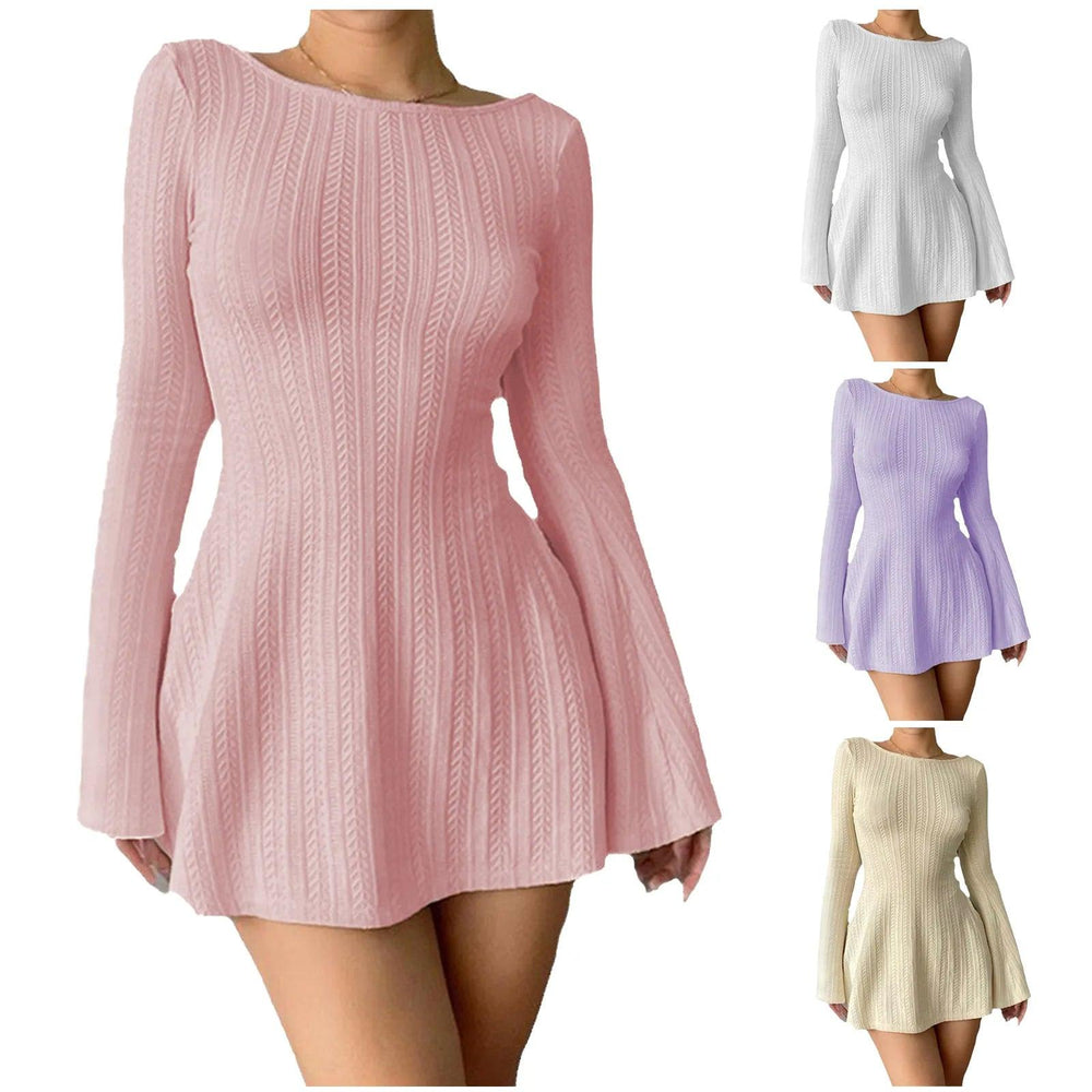 Elegant Knit Backless Long Sleeve Bodycon Mini Dress for Women - Mechano