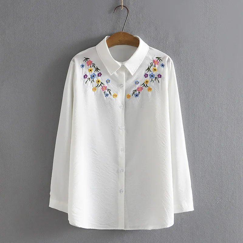 4XL Plus Size Shirts Women Spring Chest Embroidery Flower Tops Loose Long Sleeve Cotton Blouses Curve Clothes - Mechano