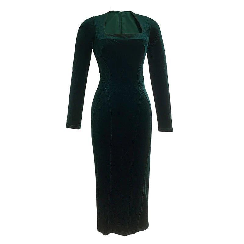 Retro Elegant Midi Dress Woman Green Velvet Long Sleeve Split Skinny Bodycon Robe Femme Date Party Vestidos Office Clothes - Mechano