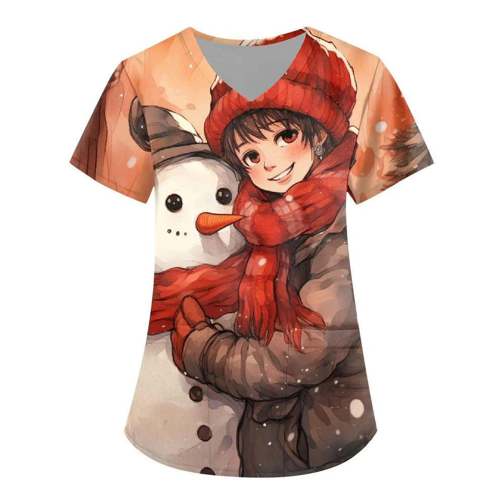 Christmas Snowman Splicing Cartoon Print V-neck Short Sleeve Nurse Work Uniform Casual Breathable Women's Nurse Clothes Top