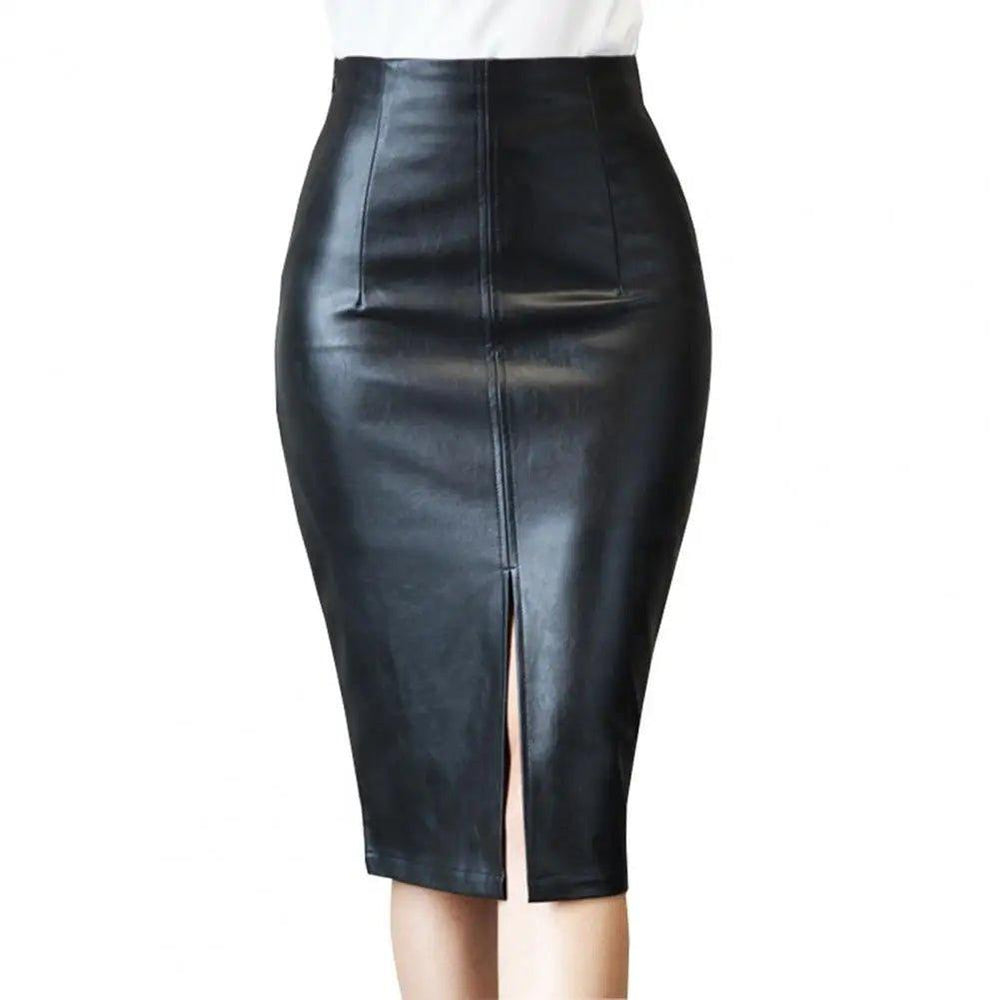 Black PU Faxu Leather Women's Wrap Skirts New Autumn Winter High Waist Front Split Sheath Pencil Skirts Female - Mechano