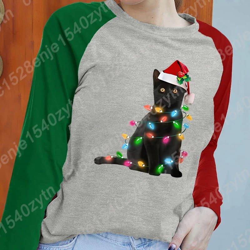 Fashion Clothes Women Long Sleeve Pullover Christmas Black Cat Christmas Light Sweatshirts Ladies T Shirts O - neck Loose T-shirts - Mechano