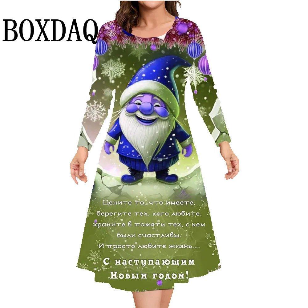 Cute Christmas Print Women Dress Autumn Winter Long Sleeve Cartoon Santa Claus Casual Ladies A - Line Dress Plus Size Clothing 9XL - Mechano