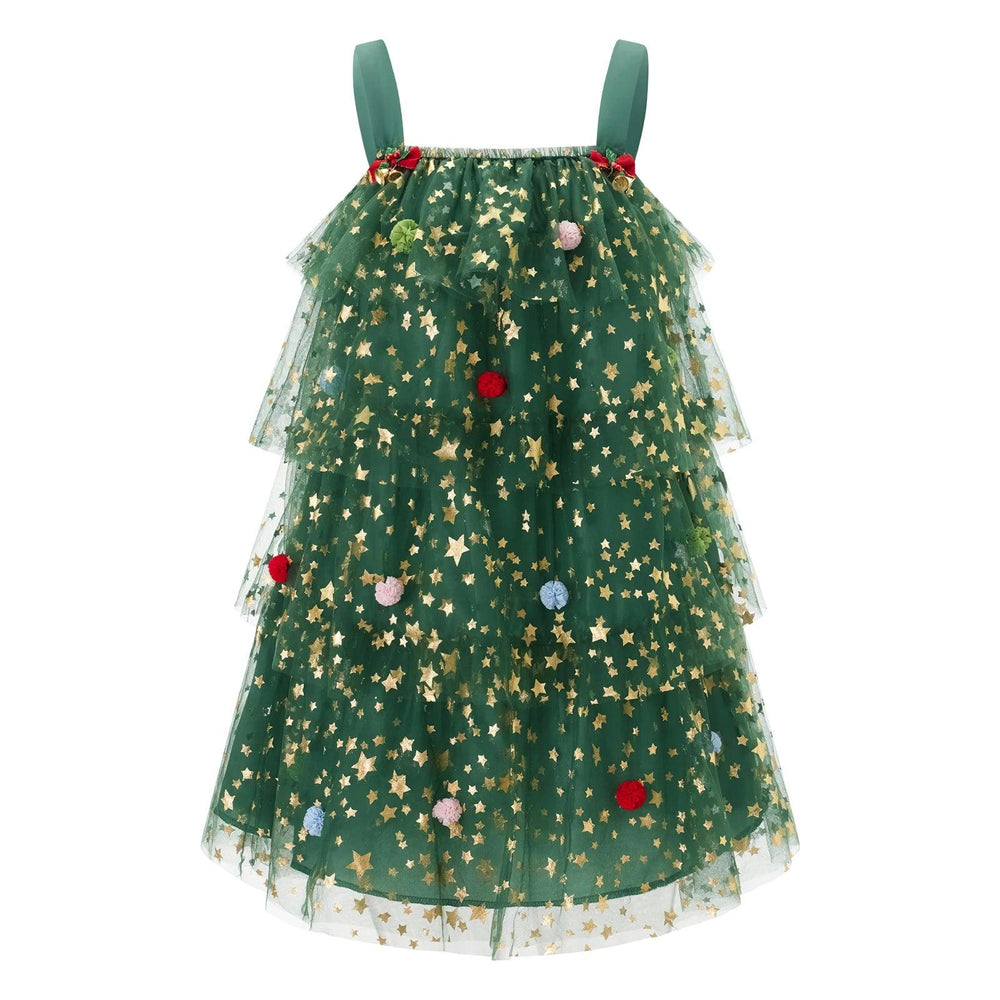 Women s Christmas Tree Dress Glitter Star Sleeveless Loose Layered Tulle Dress Holiday Mini Dress - Mechano